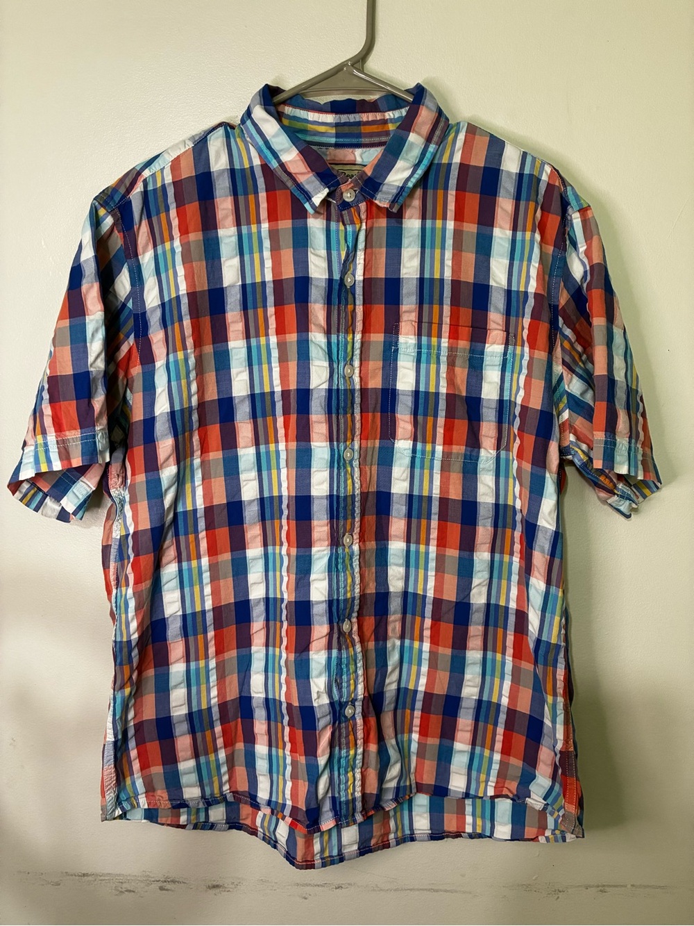 LL bean classic Men's Red and Blue Plaid Short-Sleeve Button-Up Shirt